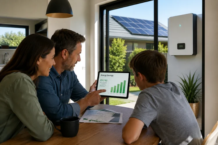 Family reviewing home energy savings