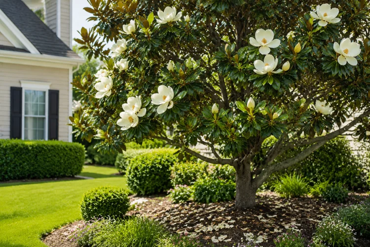 White flowering tree in residential garden