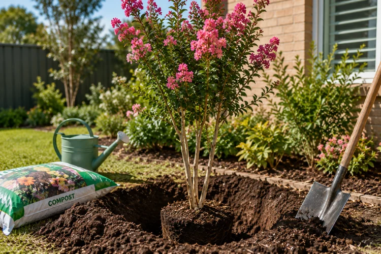 Planting Crepe Myrtles in sunny garden