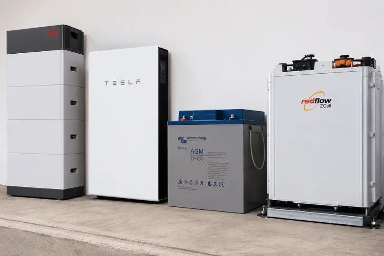 Comparison of different solar battery types including lithium, lead-acid, and flow batteries used in residential energy storage.