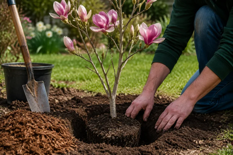 Magnolia sapling planting in garden soil