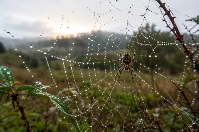 Spider web with spider in morning dew