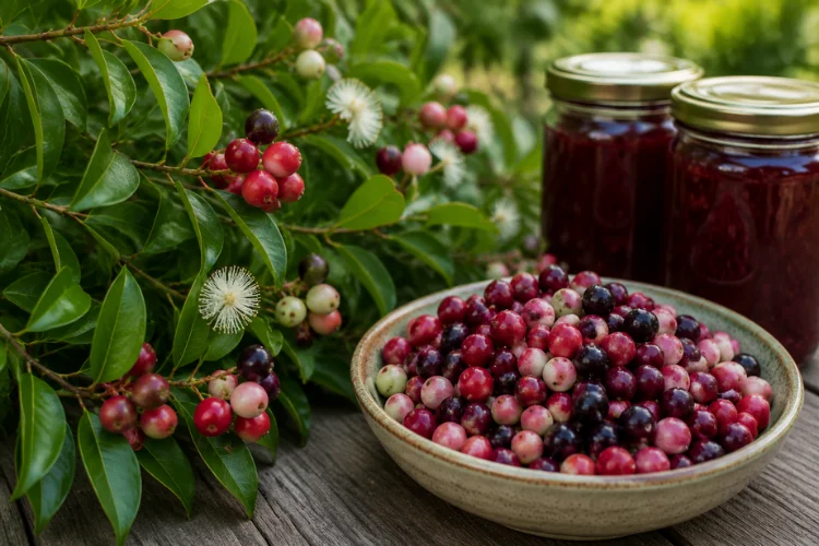 Fresh edible berries in bowl with jam jars on wooden table