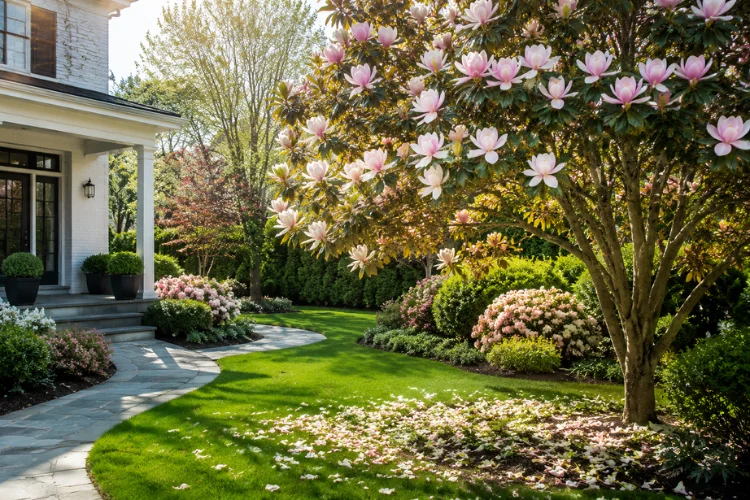 Flowering ornamental tree in landscaped suburban garden with stone pathway