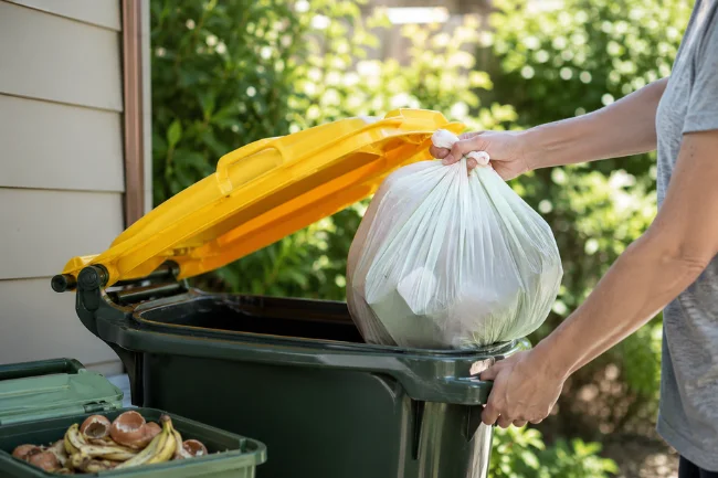 Sealed trash bag placed in outdoor bin