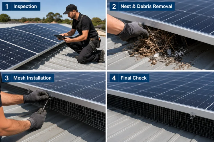 Solar panel bird proofing process in Melbourne
