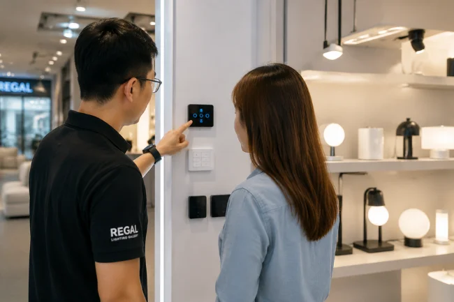 Modern showroom demonstrating wall-mounted lighting control panel