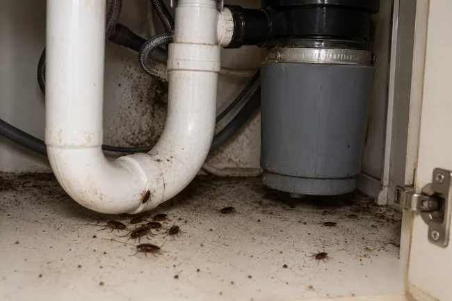 Cockroaches hiding under kitchen sink