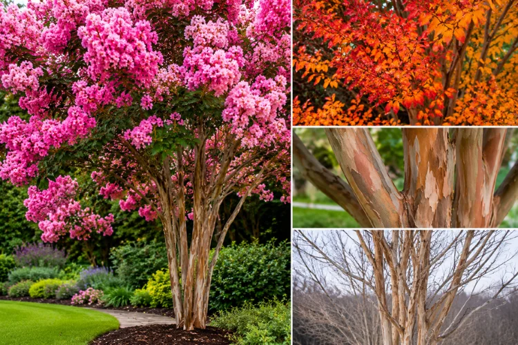 Crepe myrtle blooms, bark, and autumn foliage