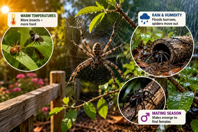 Spiders active in warm rainy garden